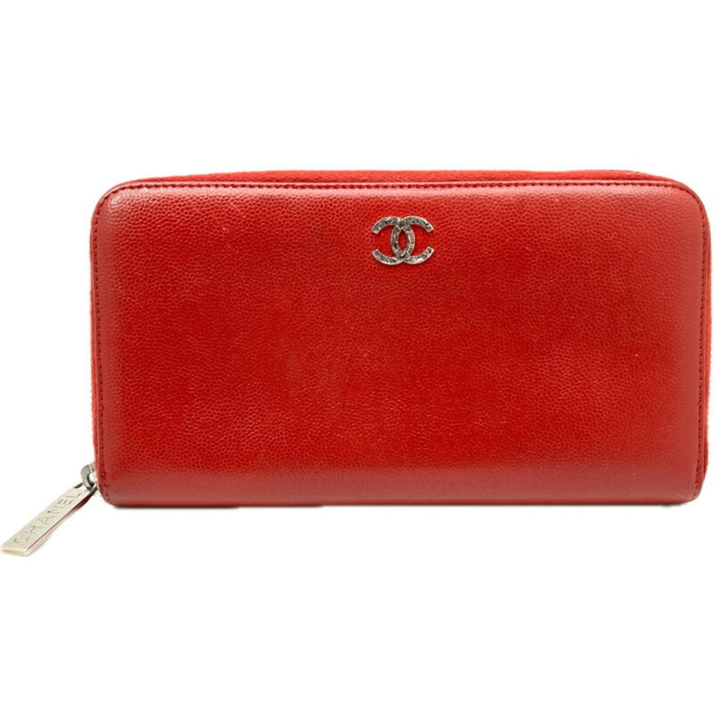 CHANEL Chanel Round Long Wallet Caviar Skin Red Leather Women's Men's