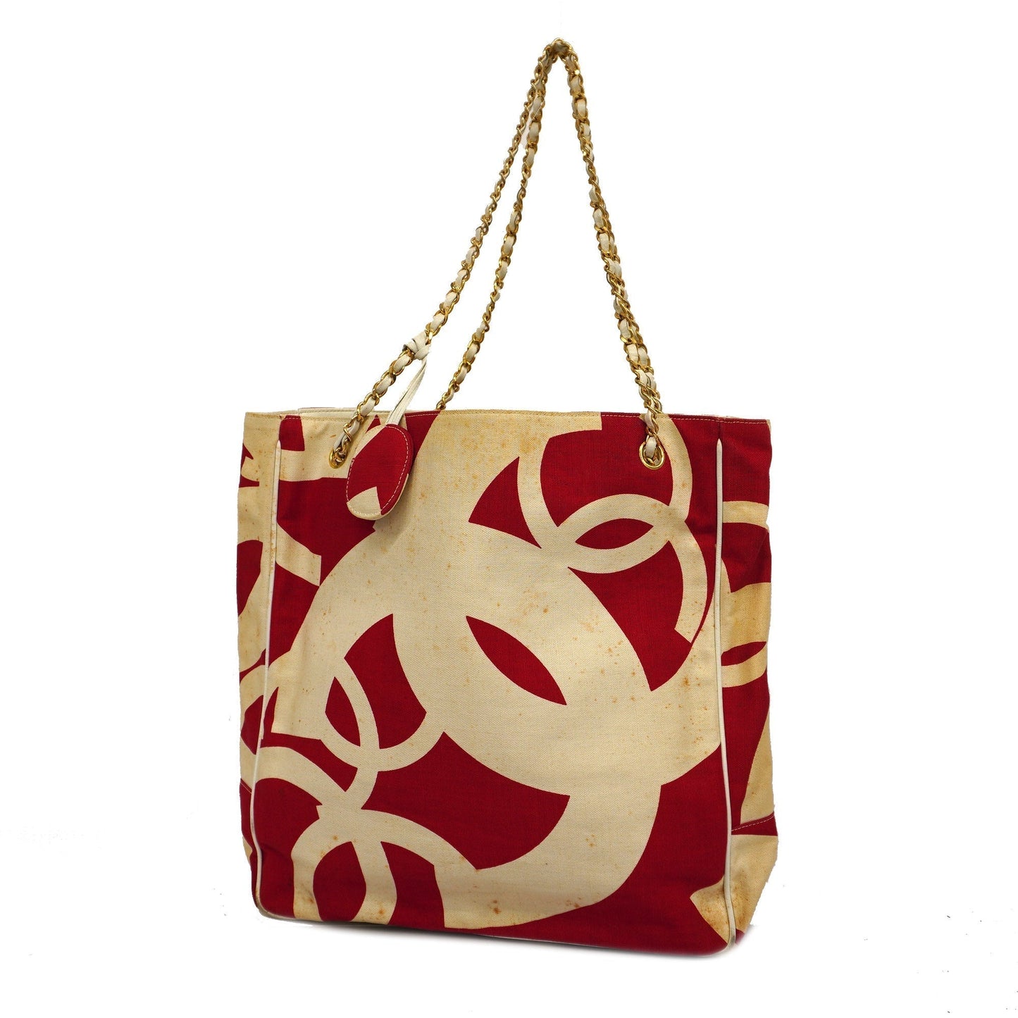 ChanelAuth  Chain Shoulder Women's Canvas Tote Bag Ivory,Red Color