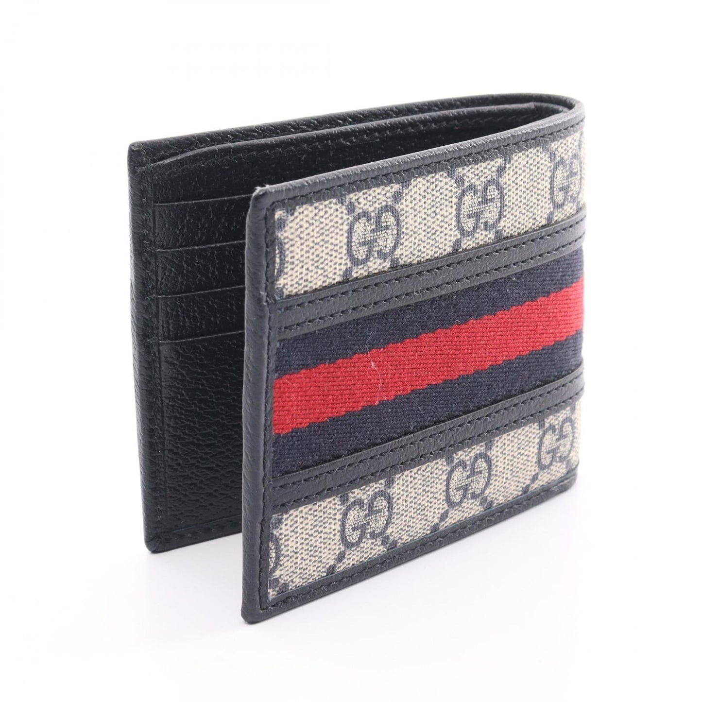 Gucci Beige Navy Red Color Pvc Coated Canvas Leather Wallet (Bi-Fold)