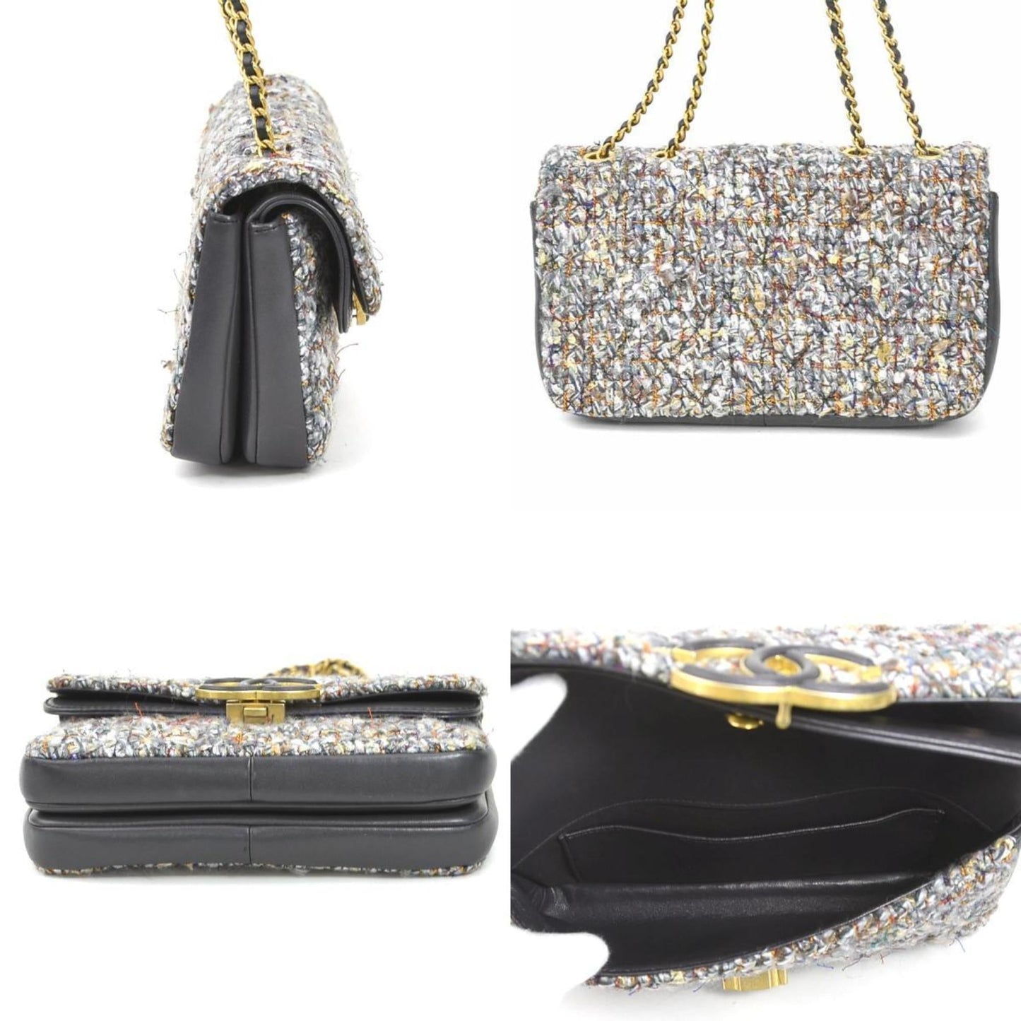 CHANEL Shoulder Bag Coco Mark Tweed/Leather Gray/Blue/Multicolor Gold Ladies