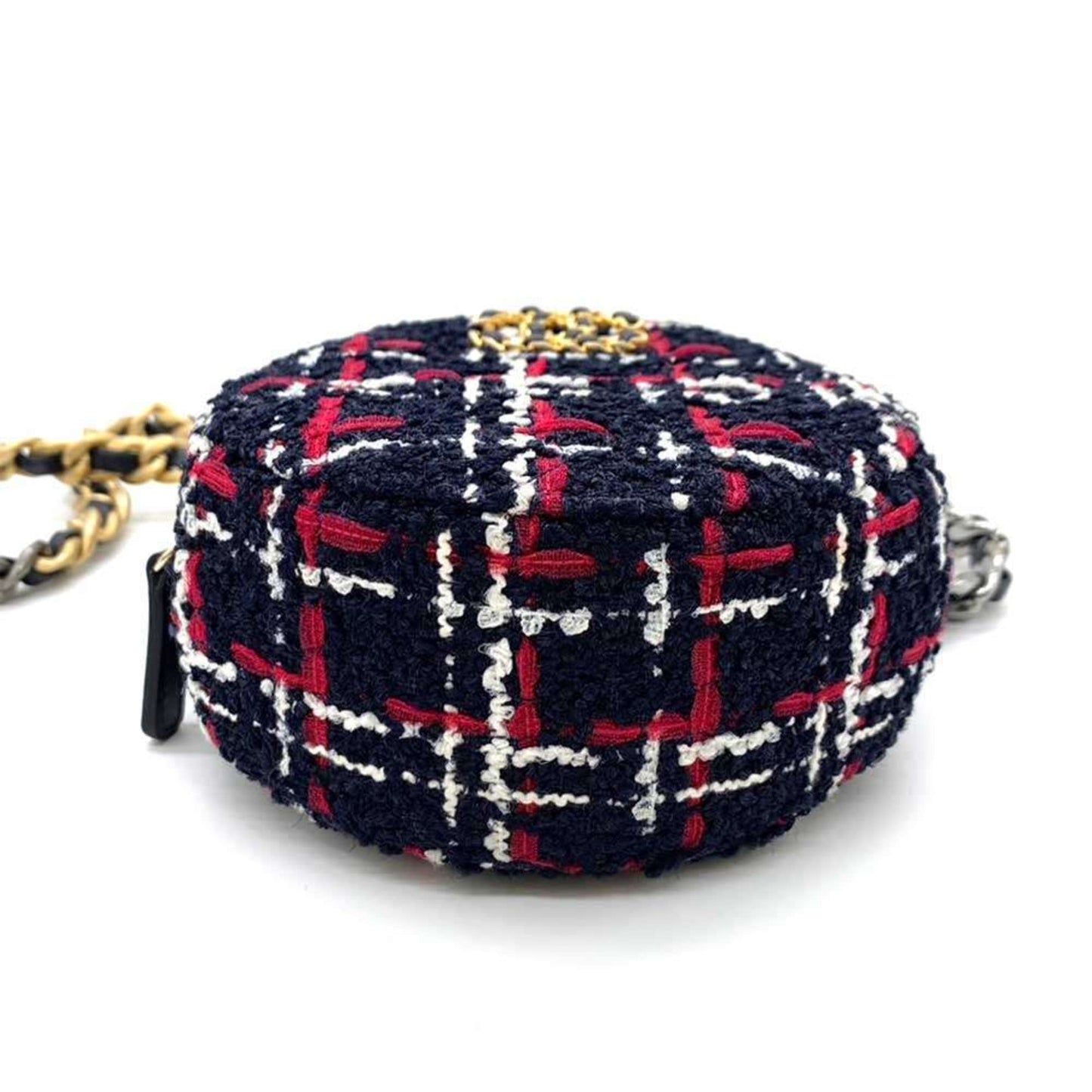 Chanel Bag 19 Round Clutch Chain Shoulder Navy x White Red Checkered Coco Mark Crossbody Pochette Ladies Tweed CHANEL