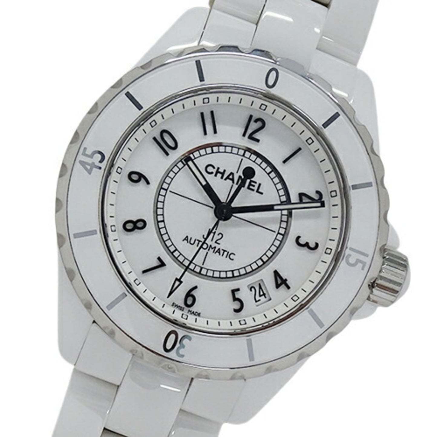 Chanel Watch Men's J12 Date Automatic Winding AT Ceramic Stainless Steel SS H0970 White Silver Polished