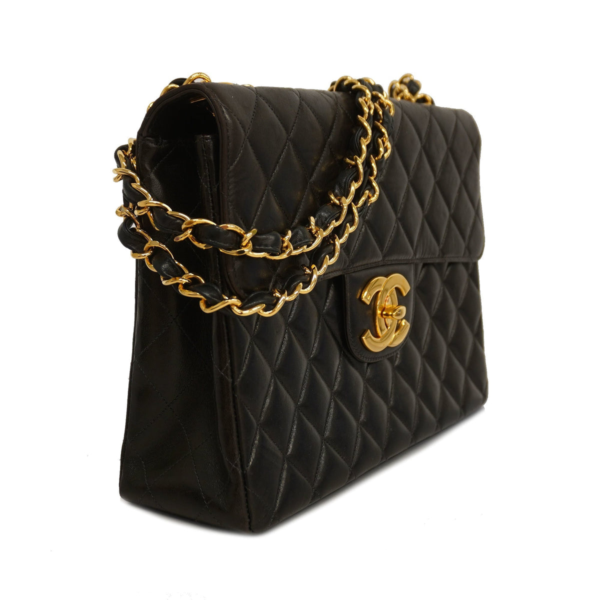 ChanelAuth  Big Matelasse W Chain Women's Leather Shoulder Bag Black