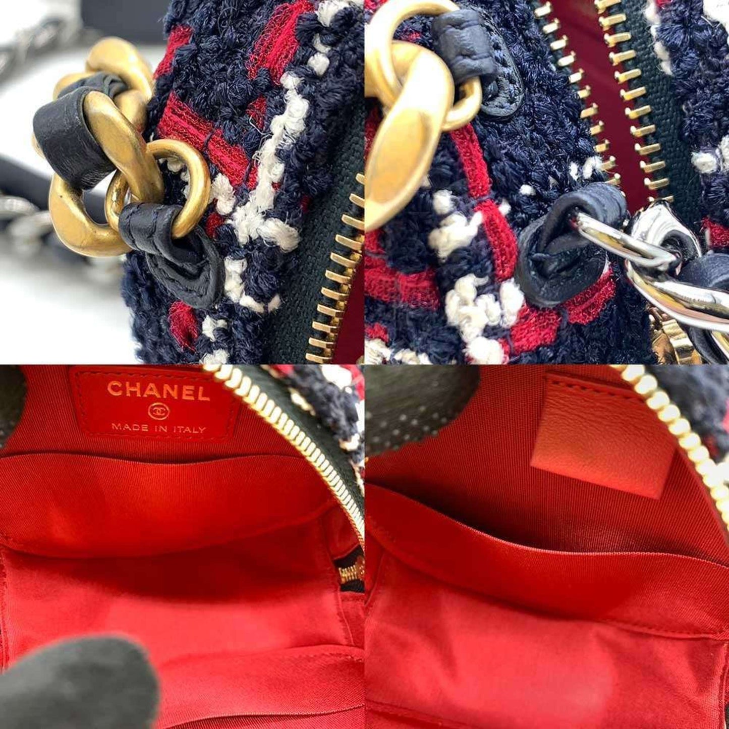 Chanel Bag 19 Round Clutch Chain Shoulder Navy x White Red Checkered Coco Mark Crossbody Pochette Ladies Tweed CHANEL