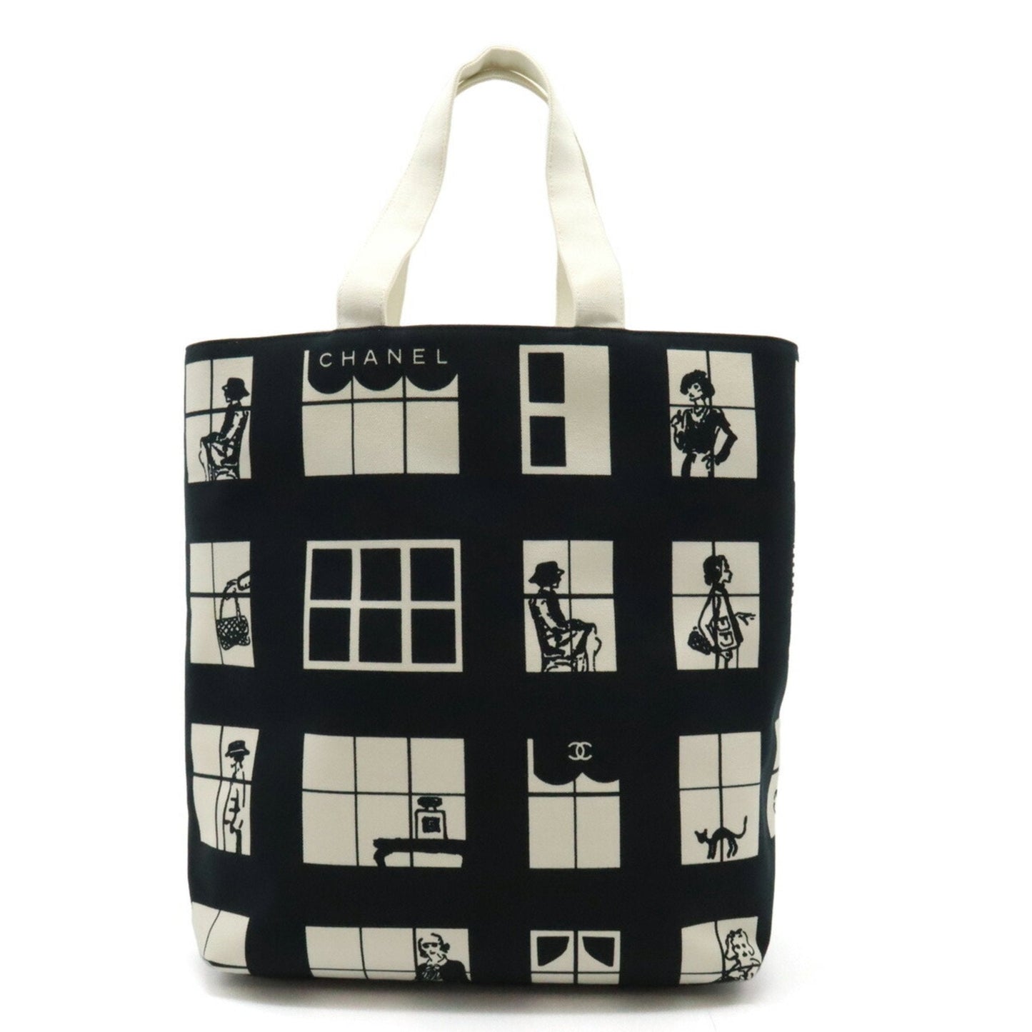CHANEL Chanel Windows Line Coco Mark Tote Bag Shoulder Canvas Black White