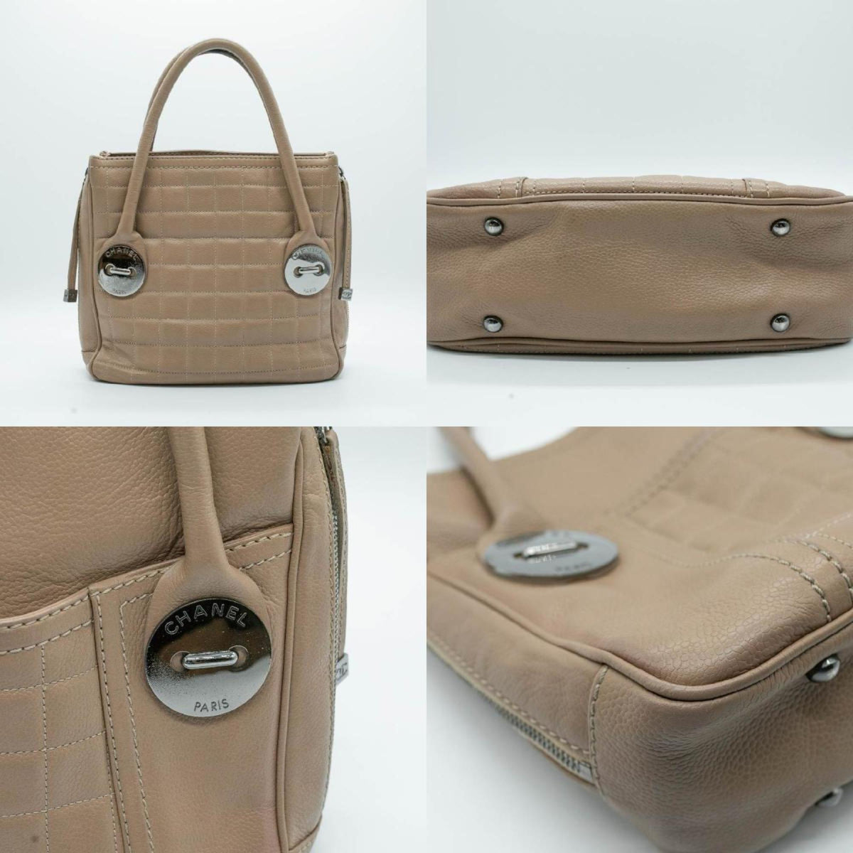CHANEL Handbag Chocolate Bar Leather Beige Silver Women's PD21