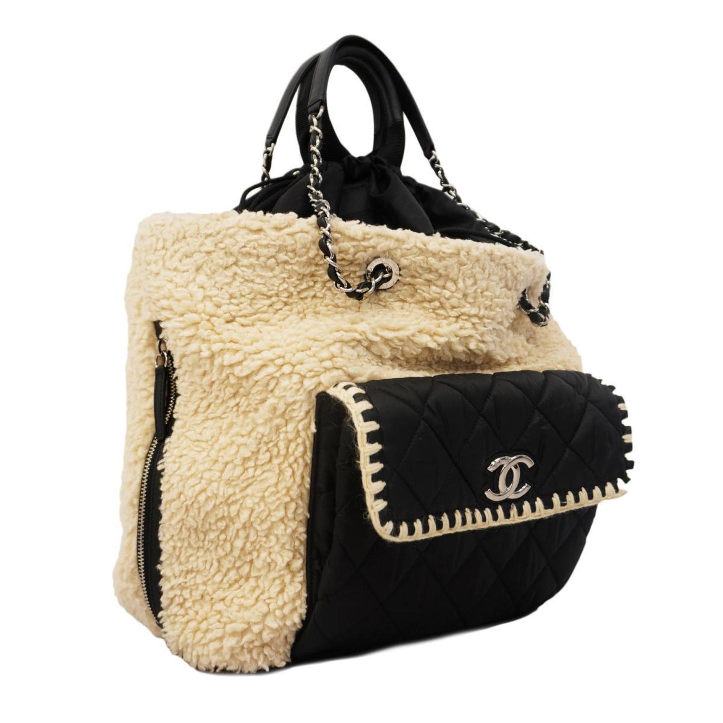 Chanel handbag, Matelasse, chain shoulder, nylon, boa, black, women's