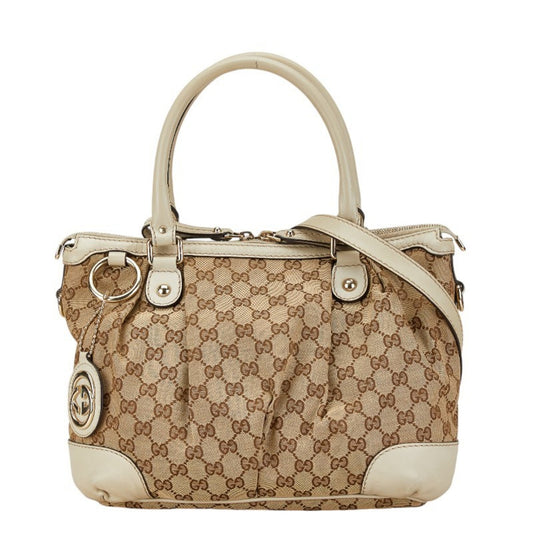 Gucci Gg Canvas Beige White Canvas Leather Handbag Shoulder Bag ()
