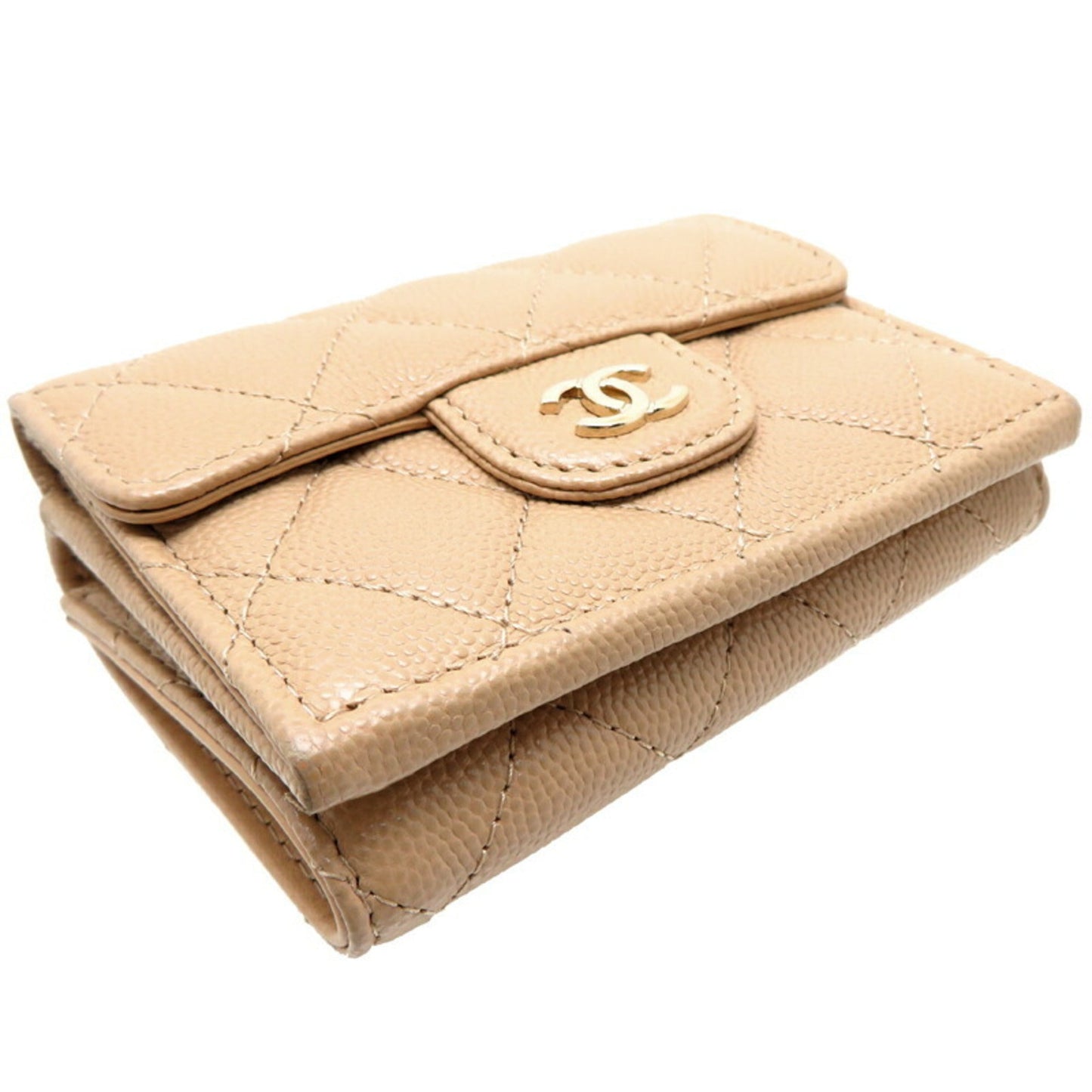 Chanel Seal Caviar W Compact Wallet Women's Tri-fold Skin Beige