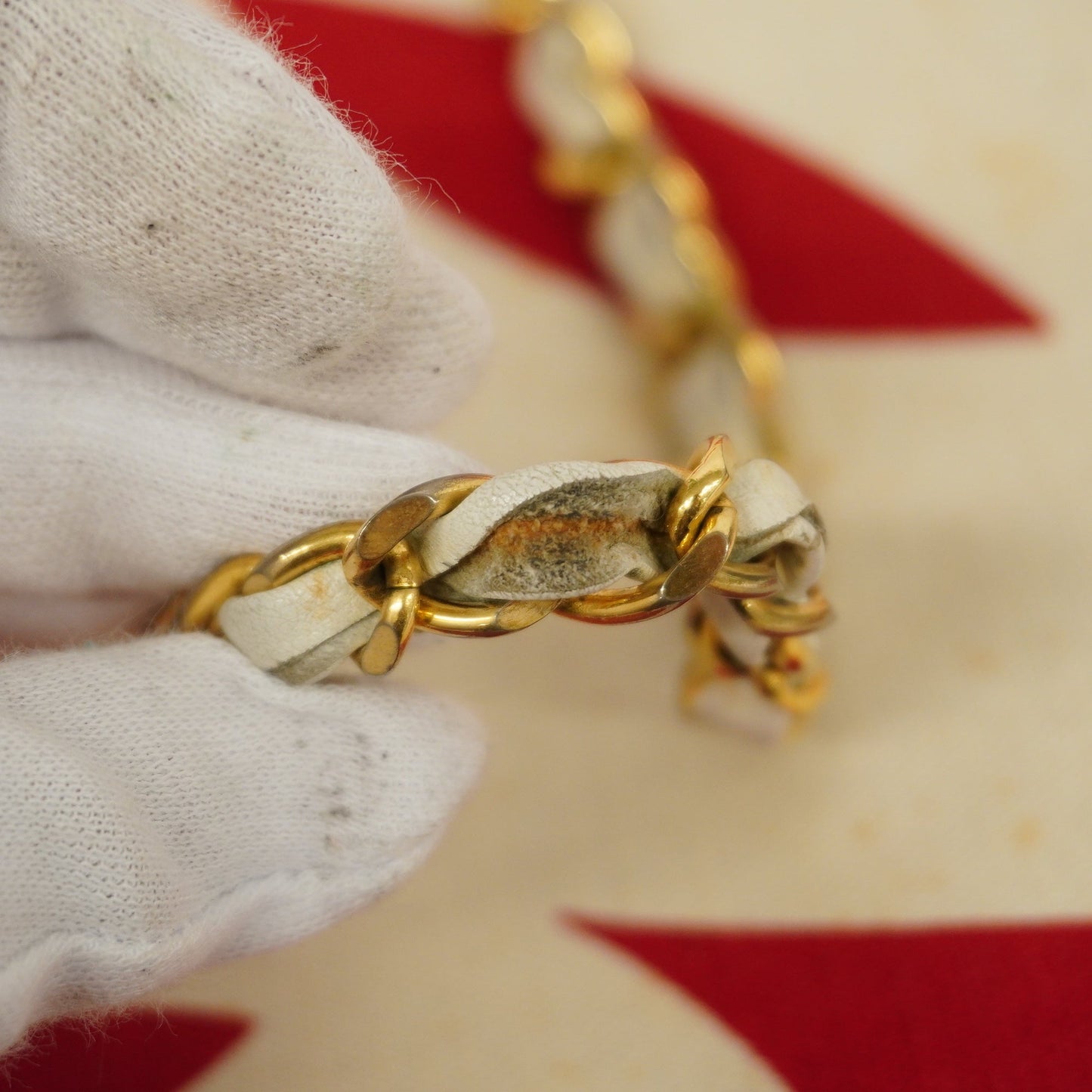 ChanelAuth  Chain Shoulder Women's Canvas Tote Bag Ivory,Red Color