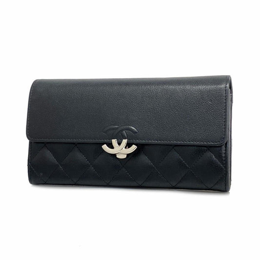 Chanel Long Wallet Matelasse Leather Black Women's