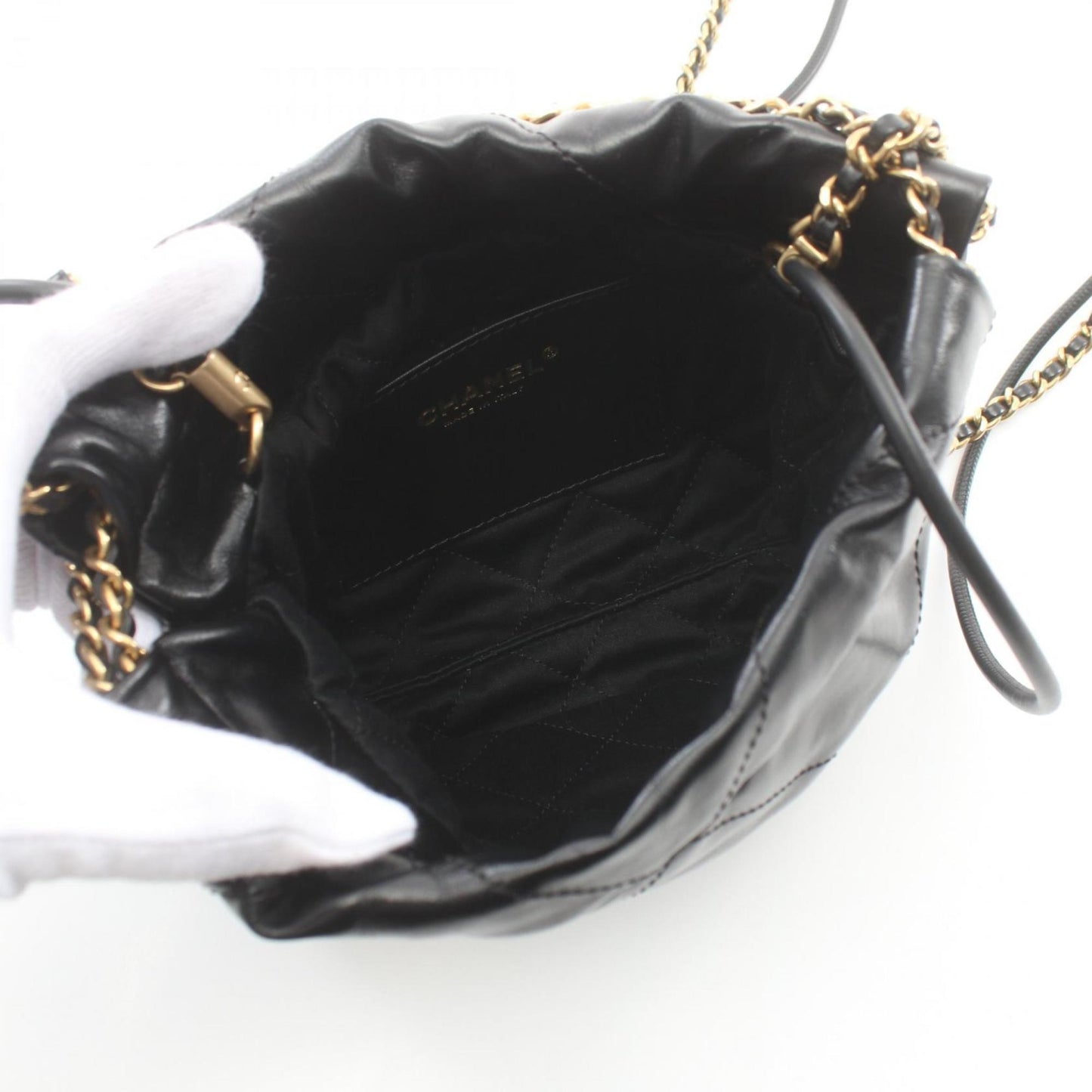 CHANEL 22 Lace Patchwork Shoulder Bag Leather Women's Black AS3980