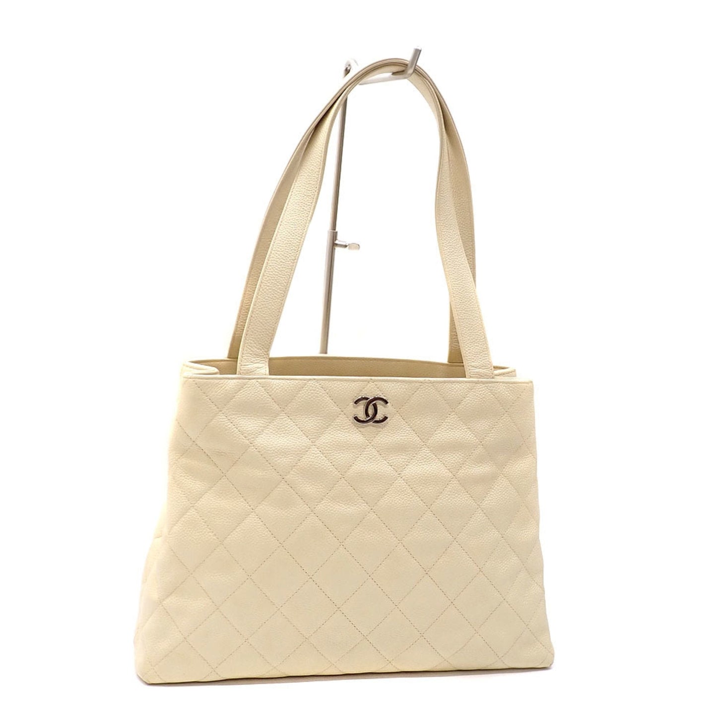 Chanel Tote Bag Matelasse Women's Ivory Caviar Skin Coco Mark Leather