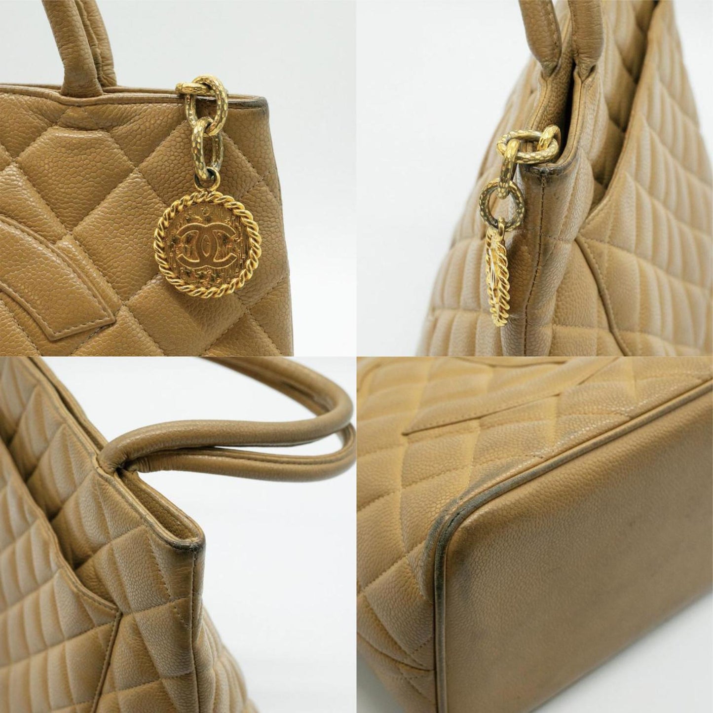 CHANEL Tote Bag Coco Mark Leather Beige Gold Women's A01804 PD32