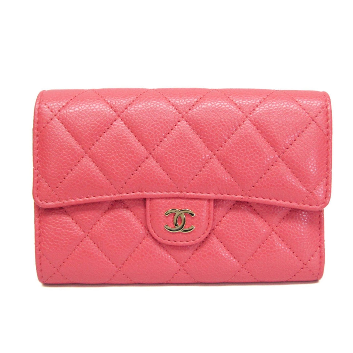 Chanel Matelasse Women's Caviar Leather Middle Wallet (tri-fold) Pink