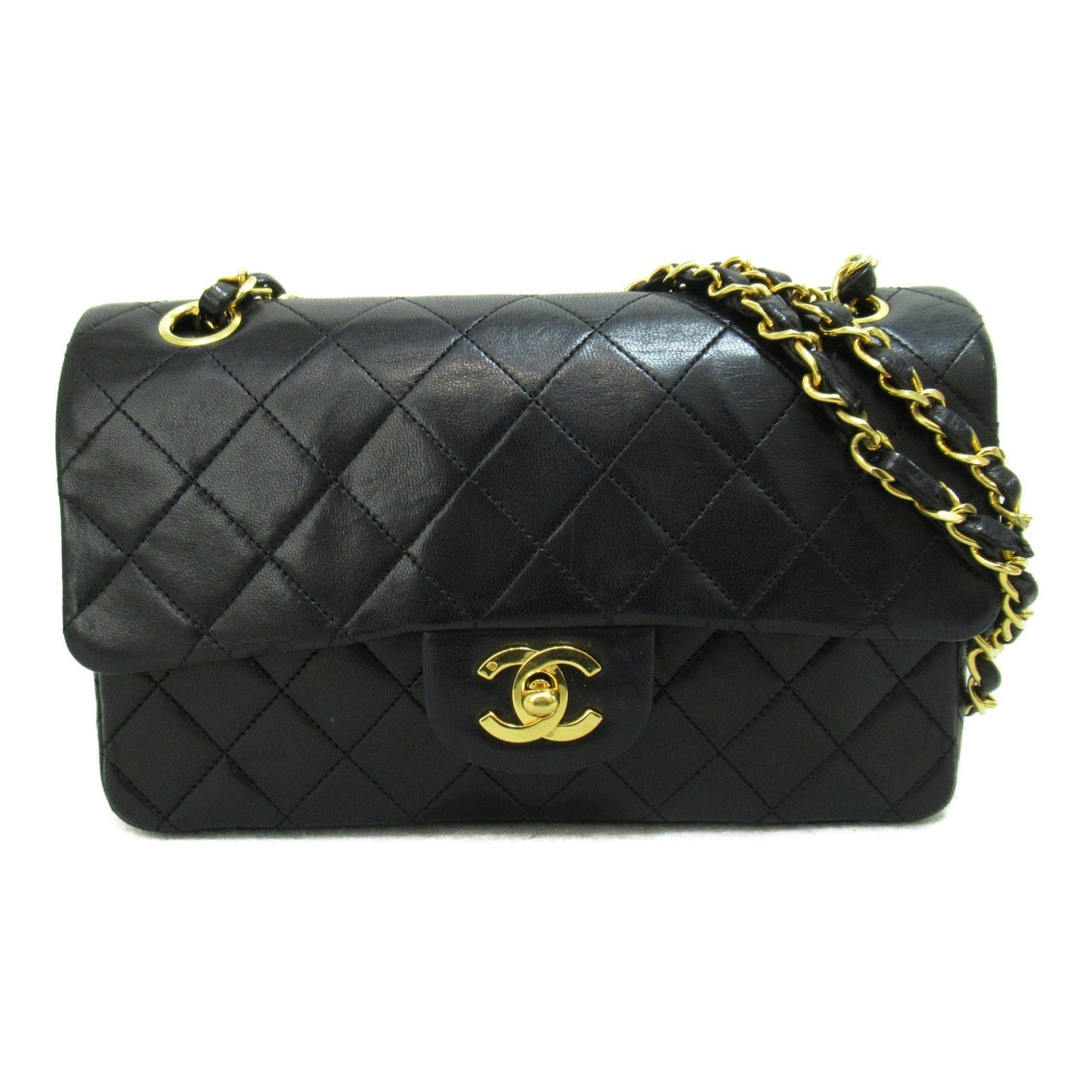CHANEL Matelasse Double Flap ChainShoulder Bag Black Lambskin (sheep leather)