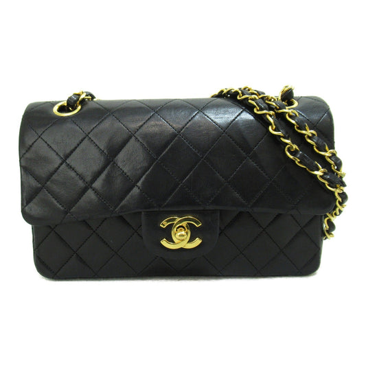 CHANEL Matelasse Double Flap ChainShoulder Bag Black Lambskin (sheep leather)