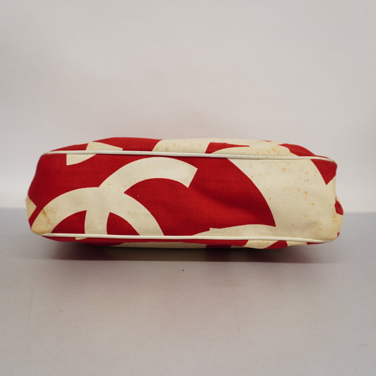 ChanelAuth  Chain Shoulder Women's Canvas Tote Bag Ivory,Red Color