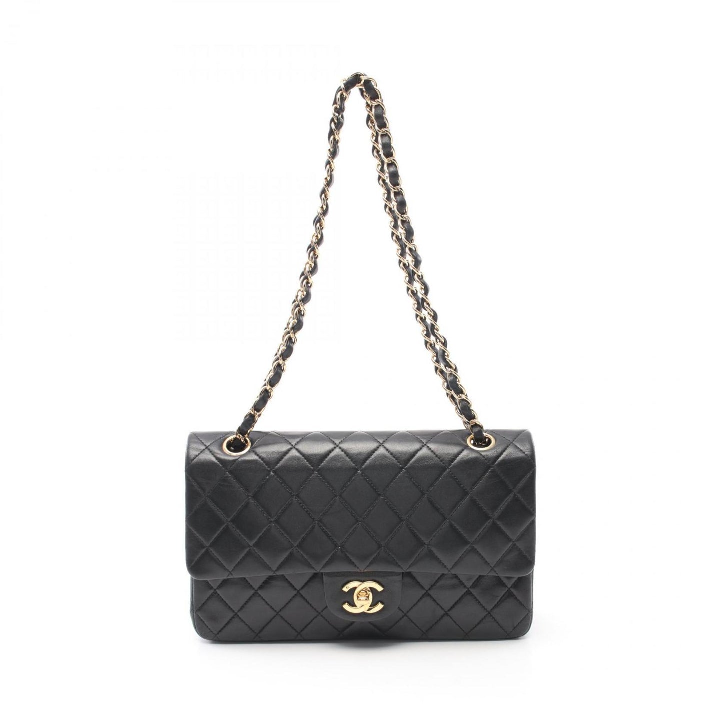 CHANEL Matelasse W-Flap Shoulder Bag, Lambskin, Women's, Black, A01112