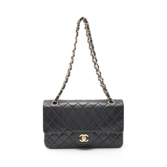 CHANEL Matelasse W-Flap Shoulder Bag, Lambskin, Women's, Black, A01112