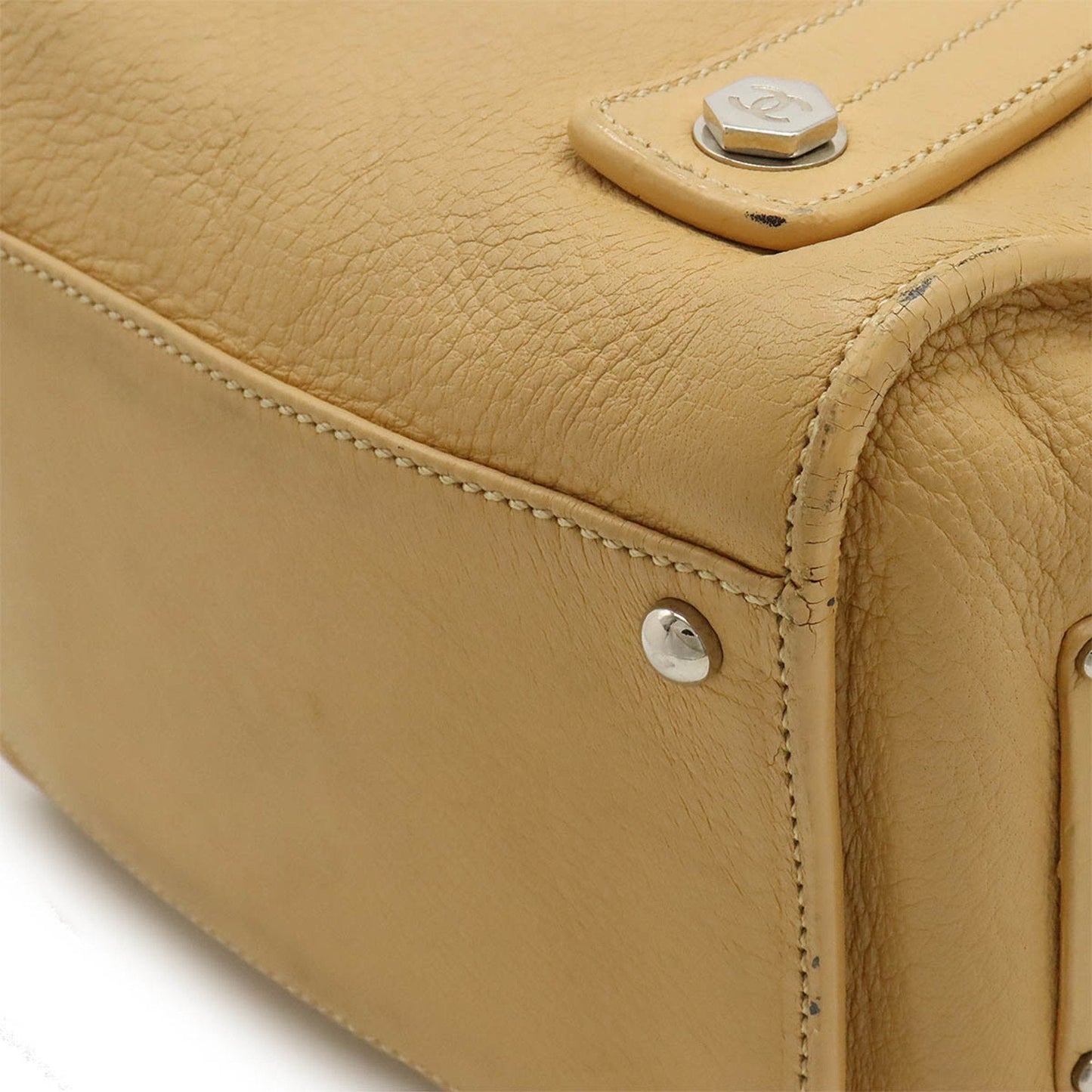 CHANEL Coco Mark Handbag Bag Boston Leather Beige