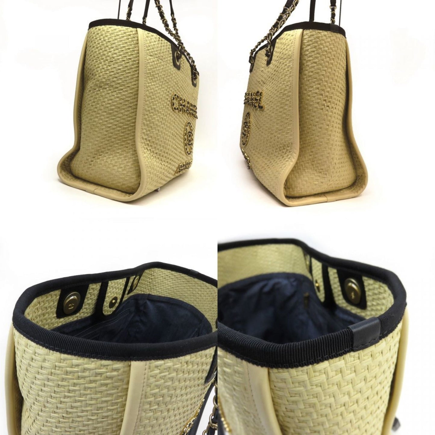 CHANEL Deauville MM A67001 Chain Tote Bag Raffia Beige