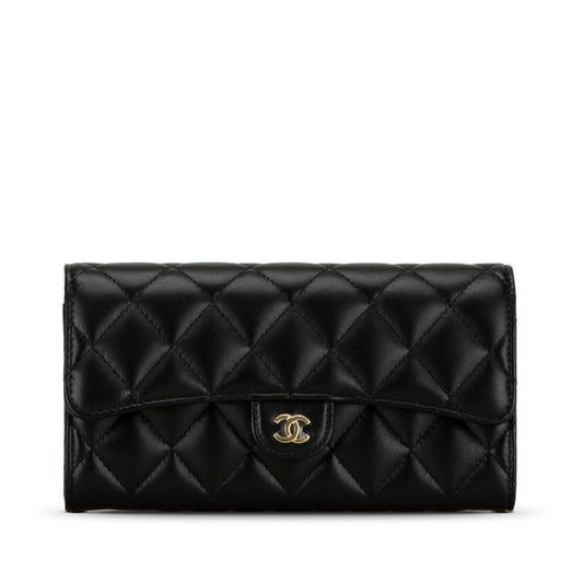 CHANEL Classic Long Flap Wallet AP0241 Black Lambskin Women's