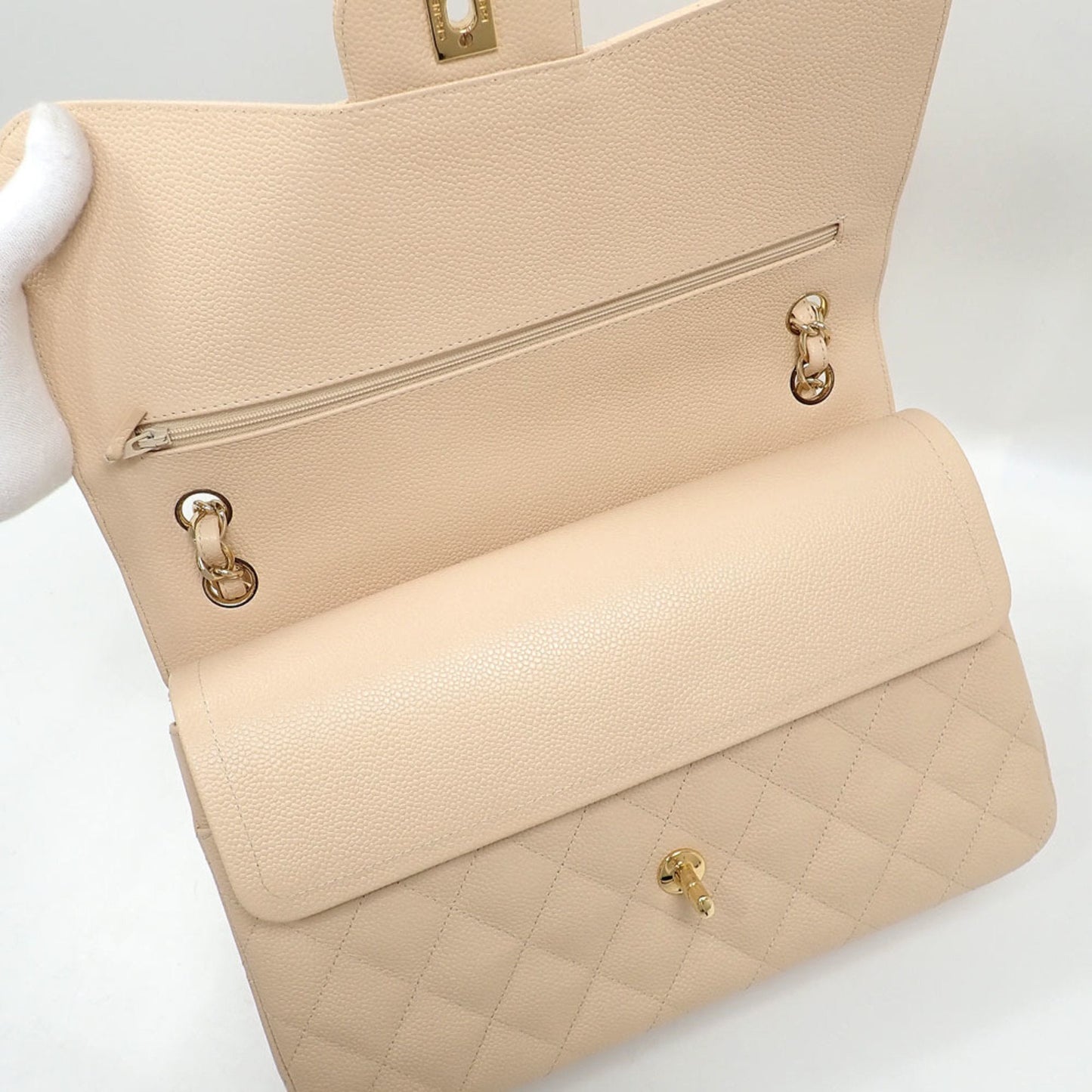 Chanel W flap chain shoulder bag Matelasse 30 Women's Beige Caviar Skin A58600 Coco Mark