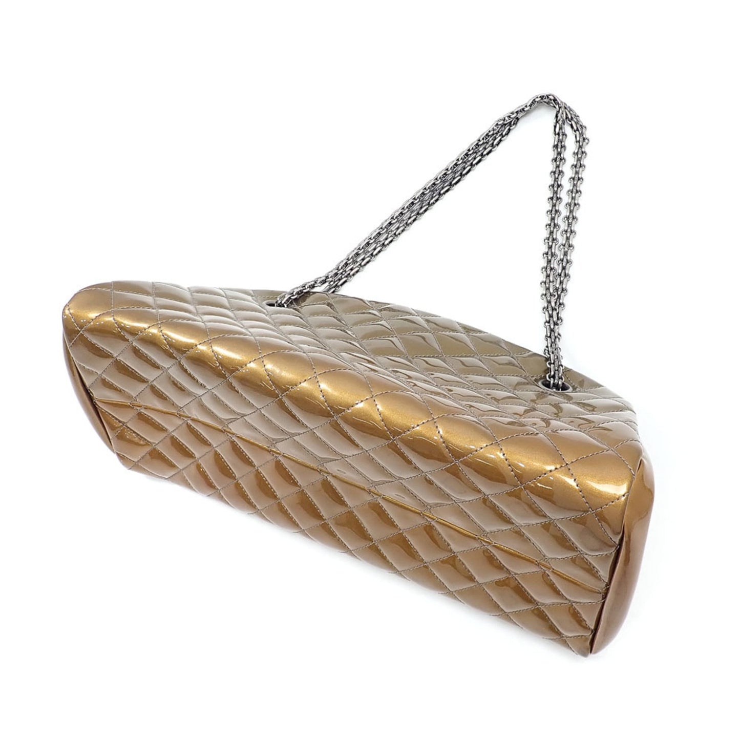 Chanel Chain Shoulder Bag Mademoiselle Women's Metallic Khaki Patent Leather Coco Mark