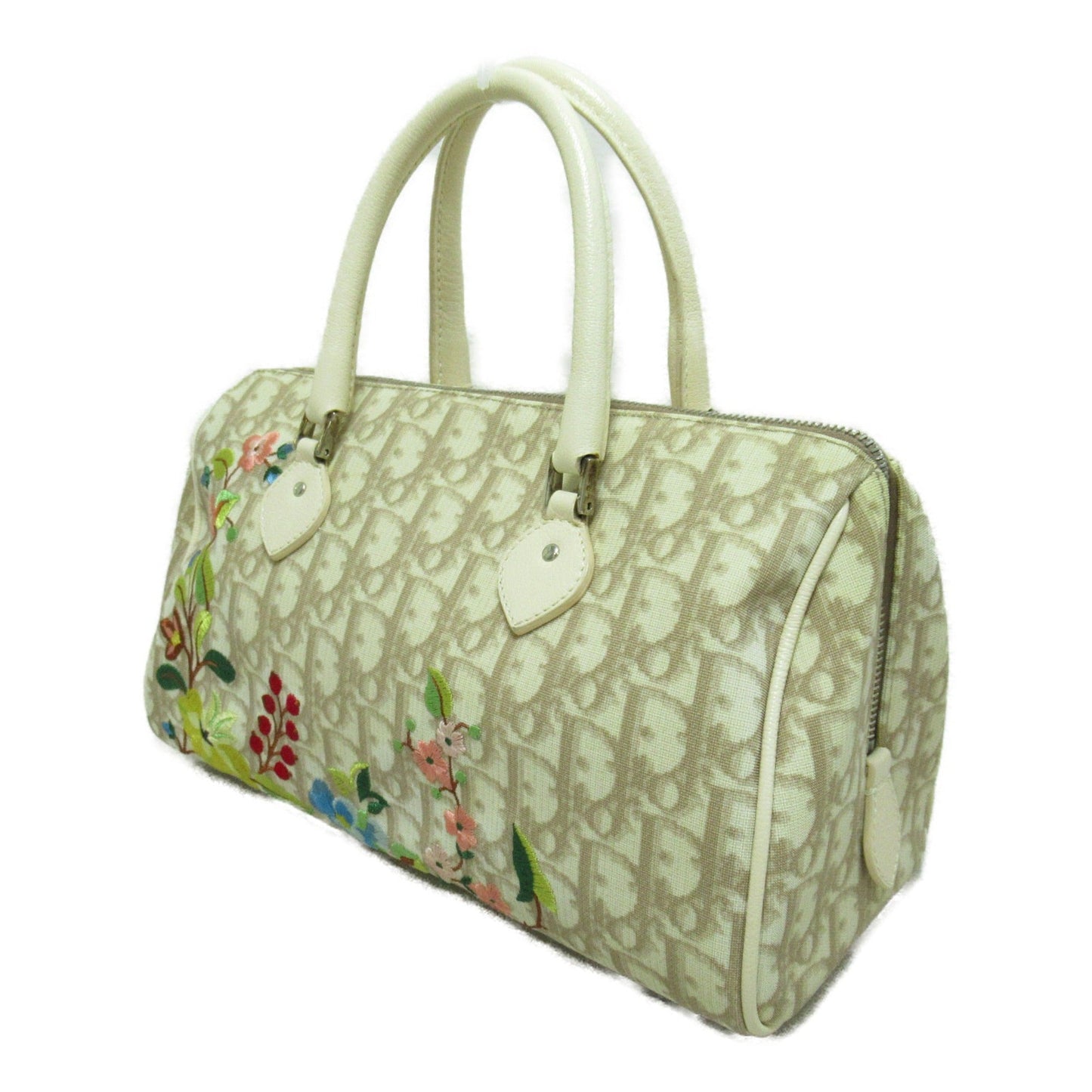 Dior trotter boston bag Beige Flower embroidery leather PVC coated canvas