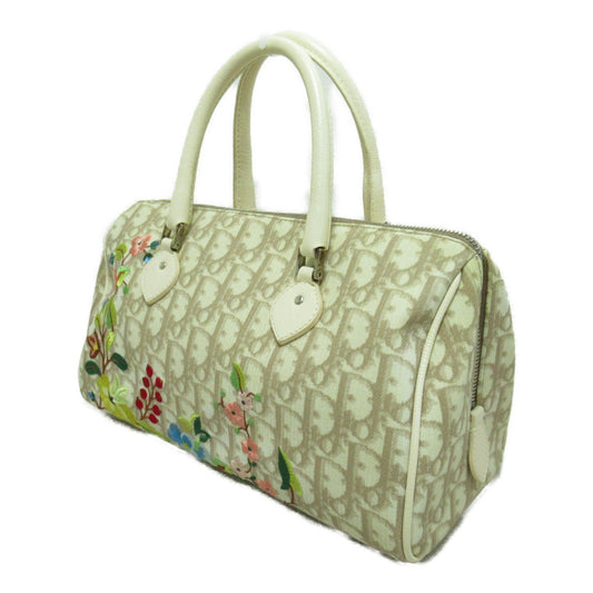 Dior trotter boston bag Beige Flower embroidery leather PVC coated canvas