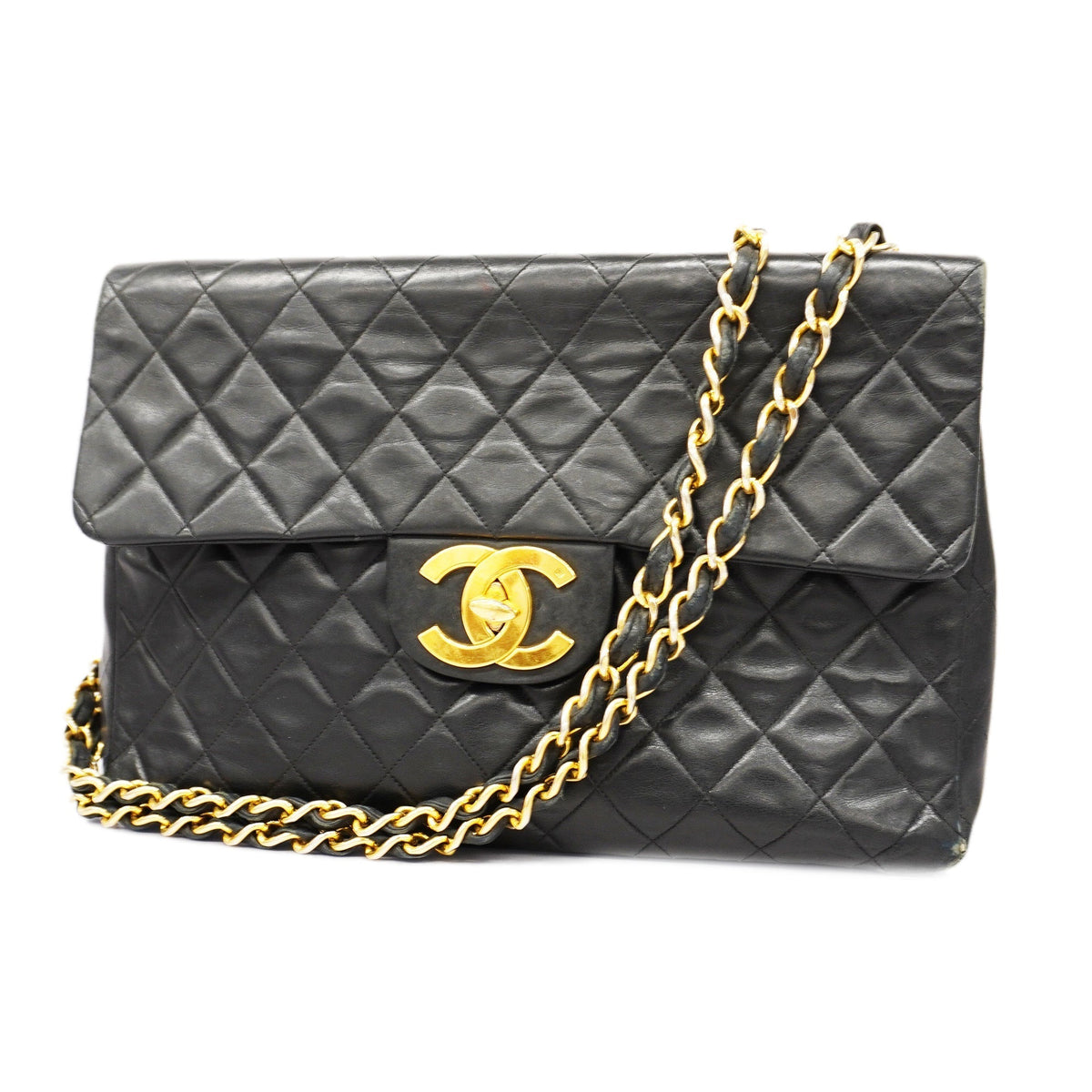 ChanelAuth  Big Matelasse W Chain Women's Leather Shoulder Bag Black
