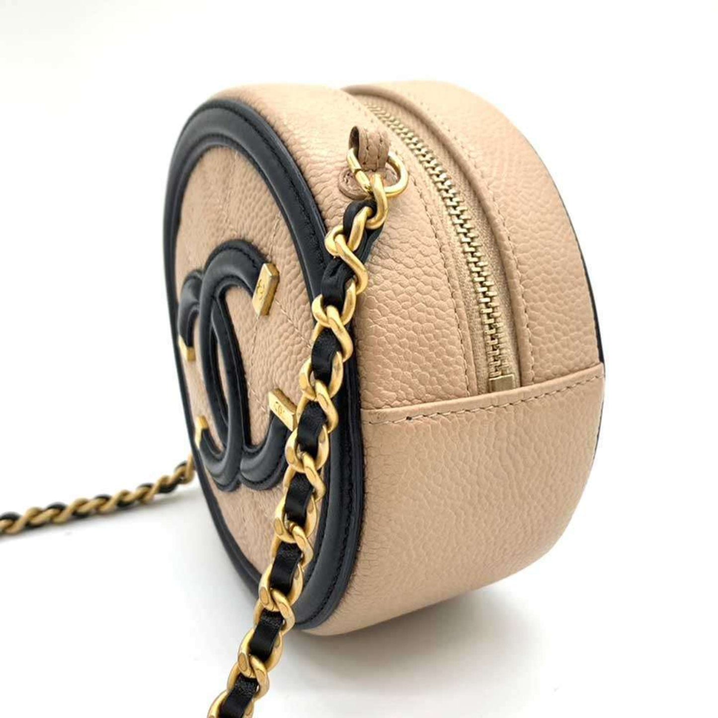 Chanel Bag CC Filigree Round Chain Shoulder Beige x Black Pochette Pouch Circle Crossbody Women's Caviar Skin CHANEL