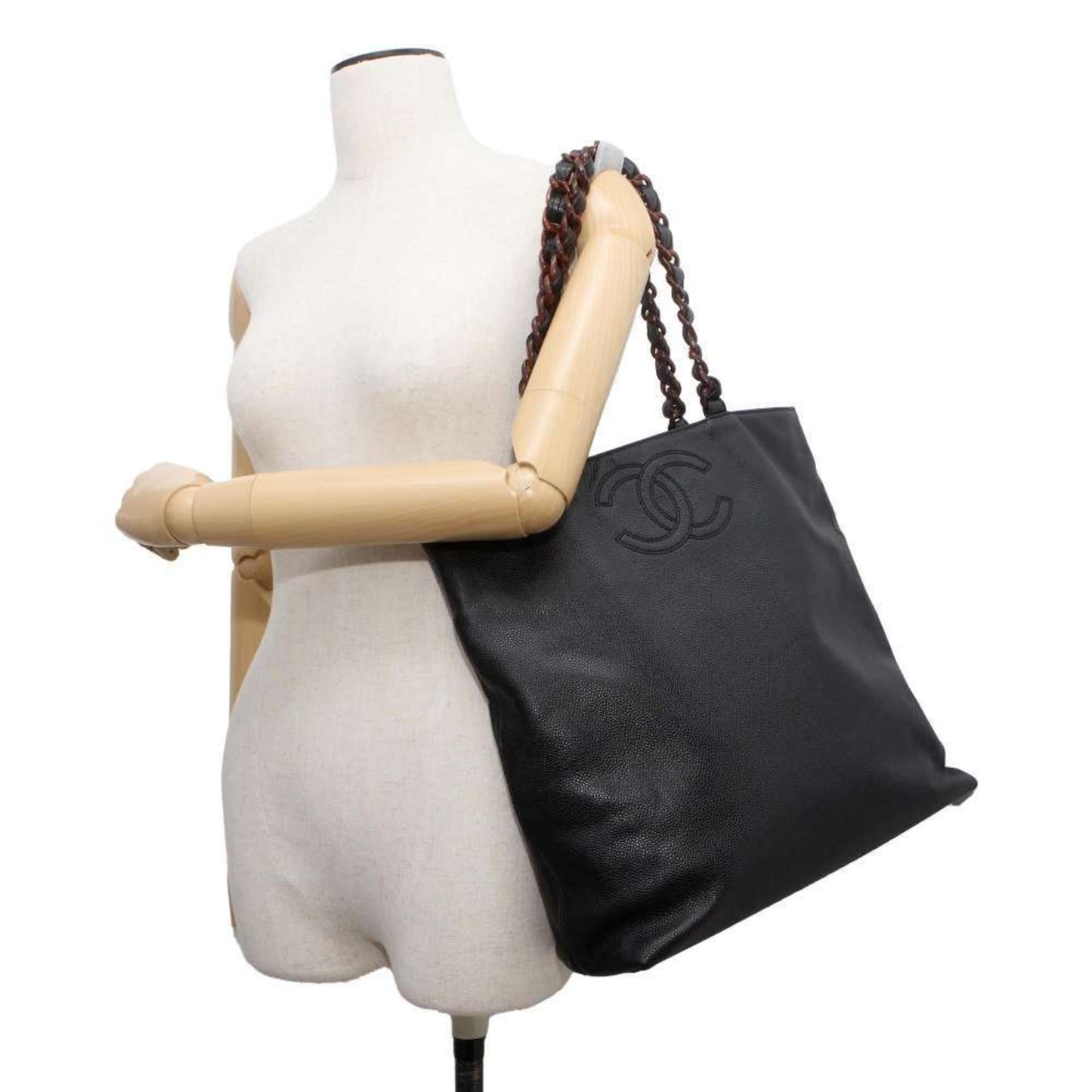 Chanel Tote Bag Coco Mark Wood Grain Plastic Chain A14202 CHANEL Black Shoulder
