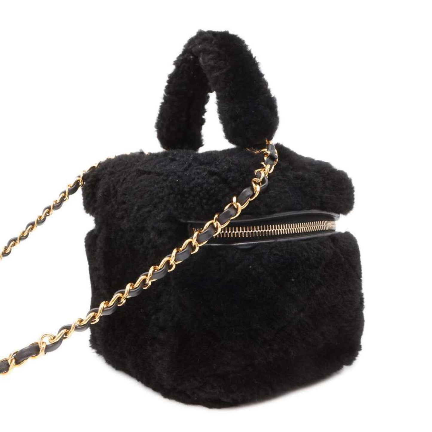 Chanel Chain Shoulder Bag Vanity Coco Mark Shearling AS3357 CHANEL 2way Black