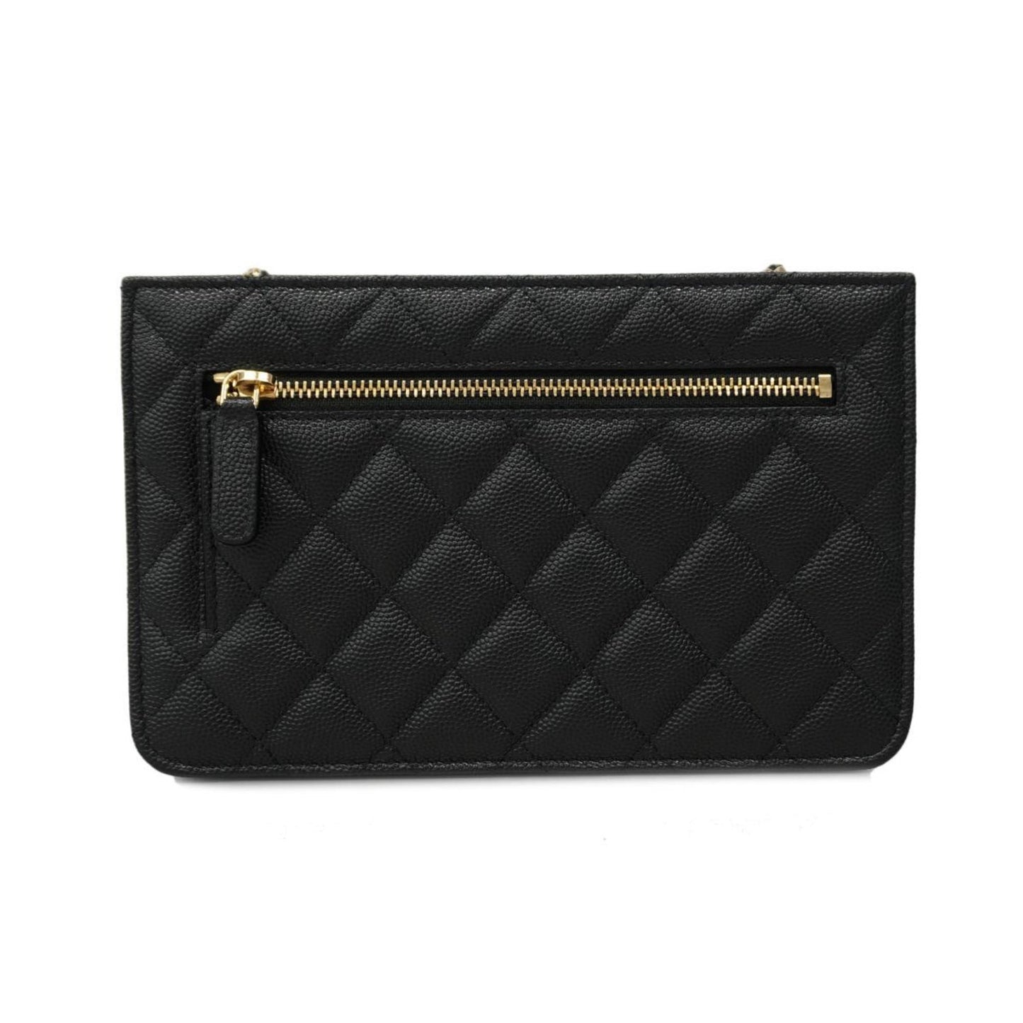 Chanel Shoulder Wallet Matelasse Chain Caviar Skin Black Champagne Women's