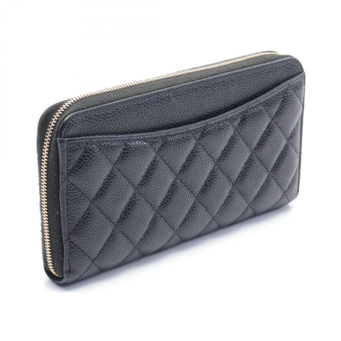 CHANEL Classic Long Zip Wallet Matelasse Round Caviar Skin Women's Black