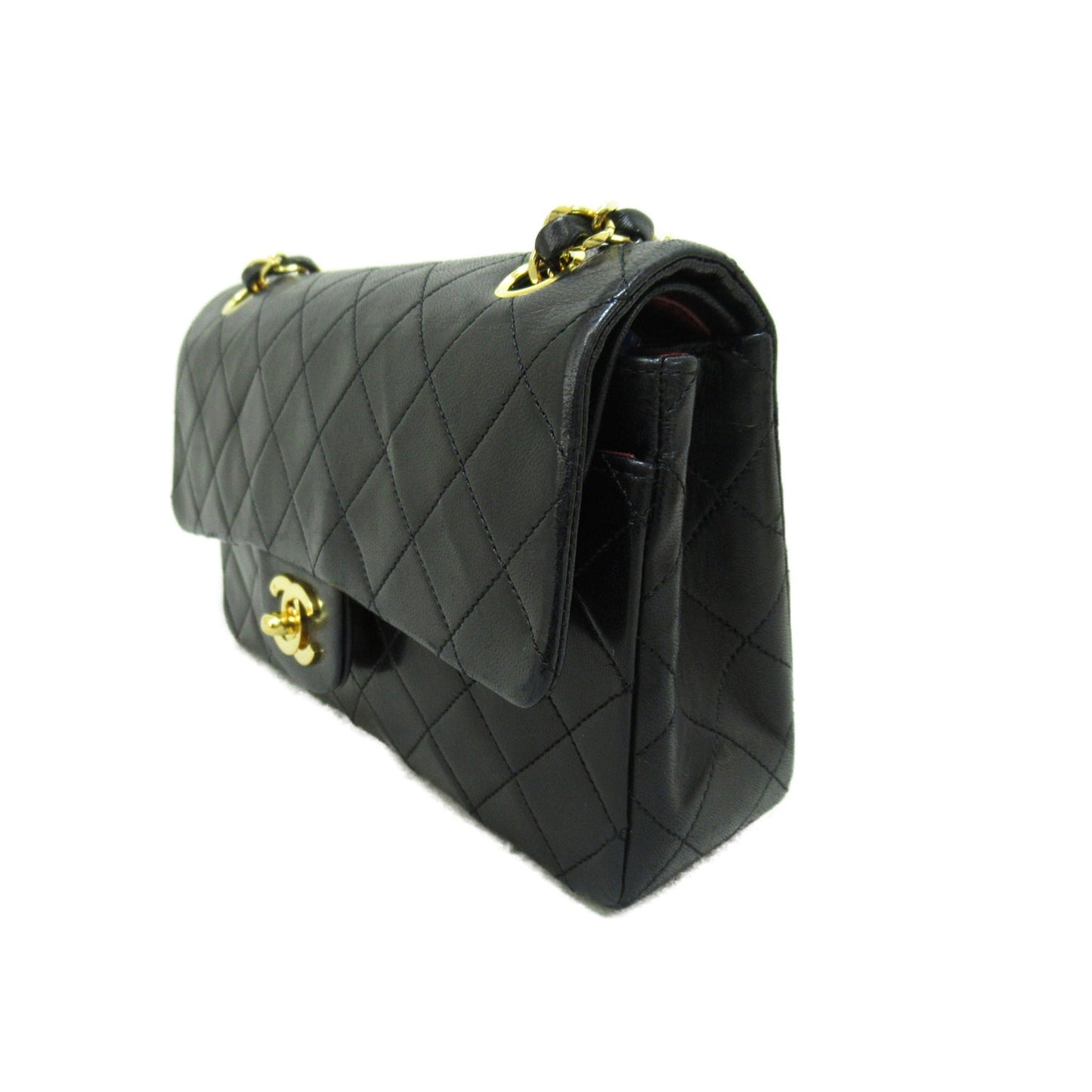 CHANEL Matelasse Double Flap ChainShoulder Bag Black Lambskin (sheep leather)