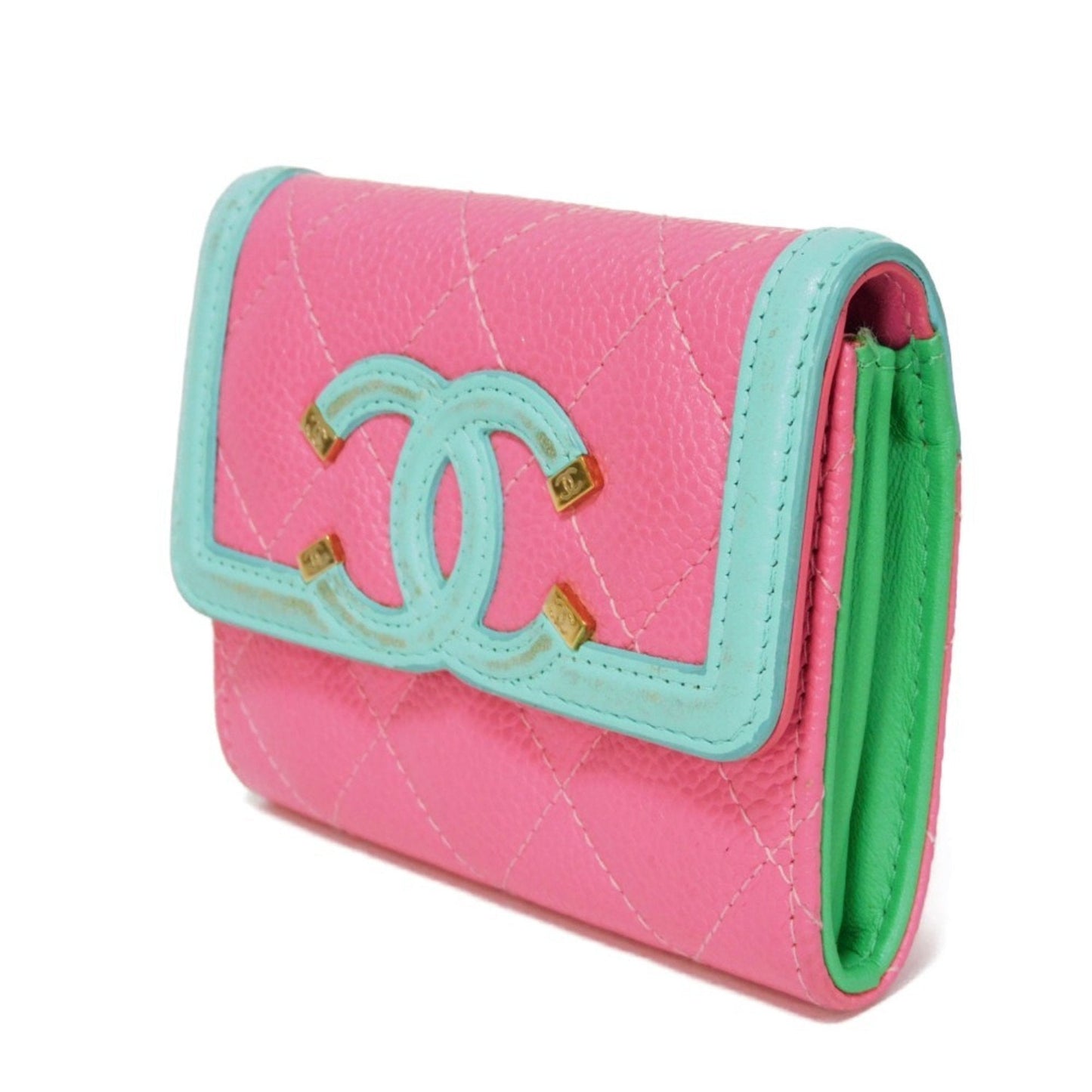 CHANEL Card Case CC Filigree Holder Caviar Skin Pink Pastel Blue Green Compact Wallet 27 Series Women's