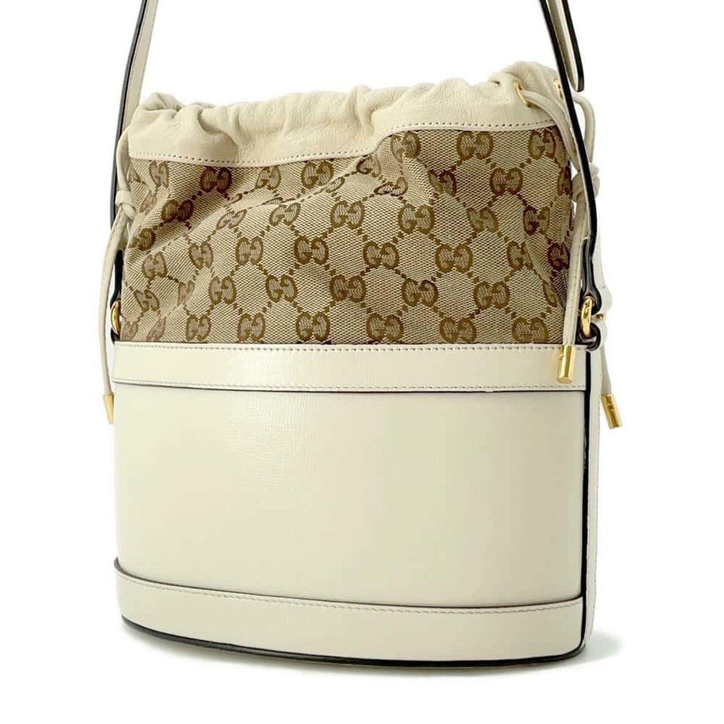 Gucci Horsebit Beige Ivory Leather Canvas Shoulder Bag