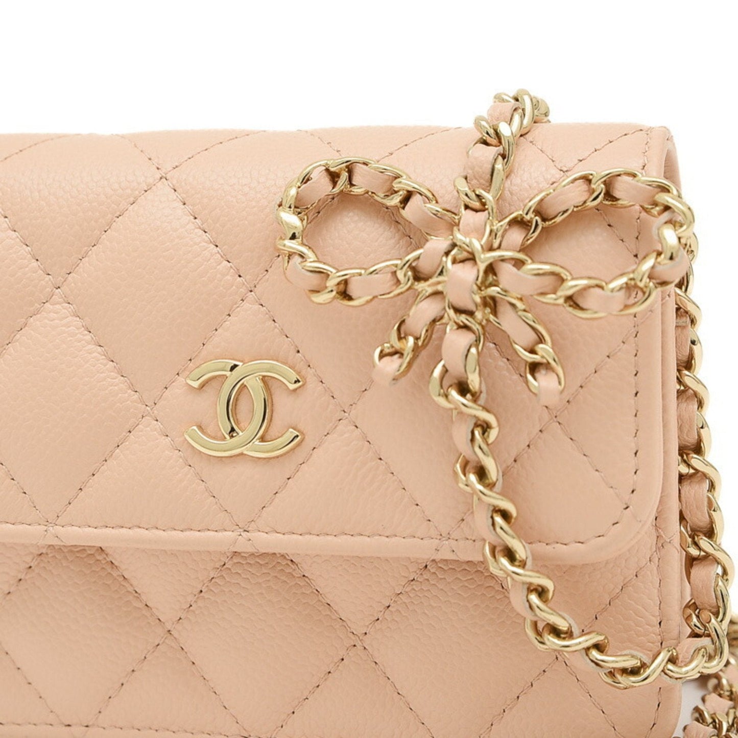 Chanel Matelasse Flap Ribbon Chain Shoulder Bag in Caviar Skin Beige