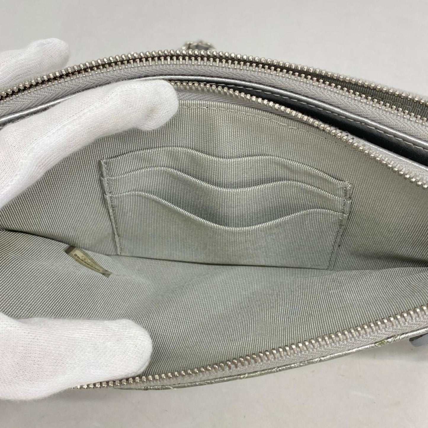 Chanel Shoulder Wallet V-Stitch Chain Coated Leather Grey Women's
