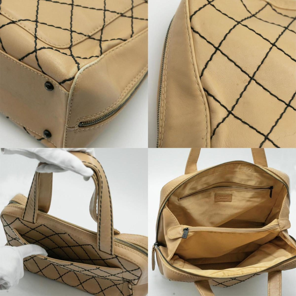 CHANEL Handbag Wild Stitch Leather Beige Black Women's PD53