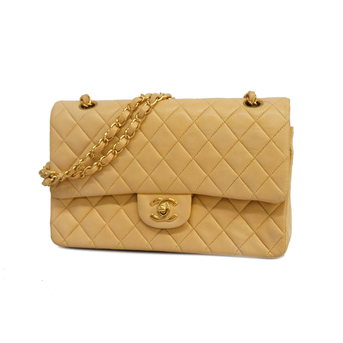 ChanelAuth  Matelasse W Flap W Chain Lambskin Women's Leather Shoulder Bag Beige