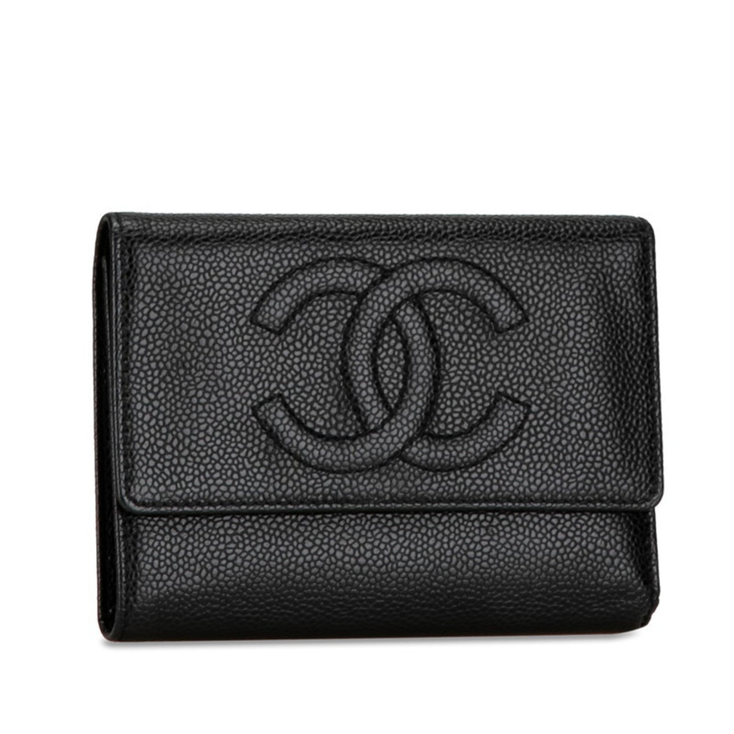 CHANEL Coco Mark Tri-fold Wallet Black Caviar Skin Women's