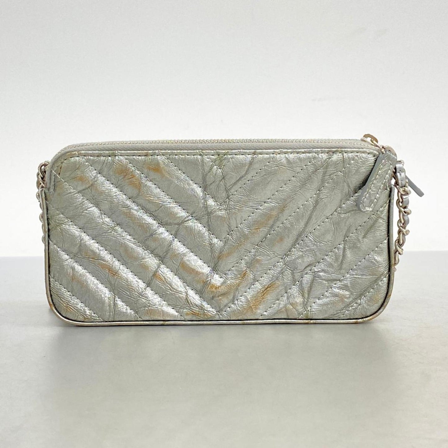 Chanel Shoulder Wallet V-Stitch Chain Coated Leather Grey Women's
