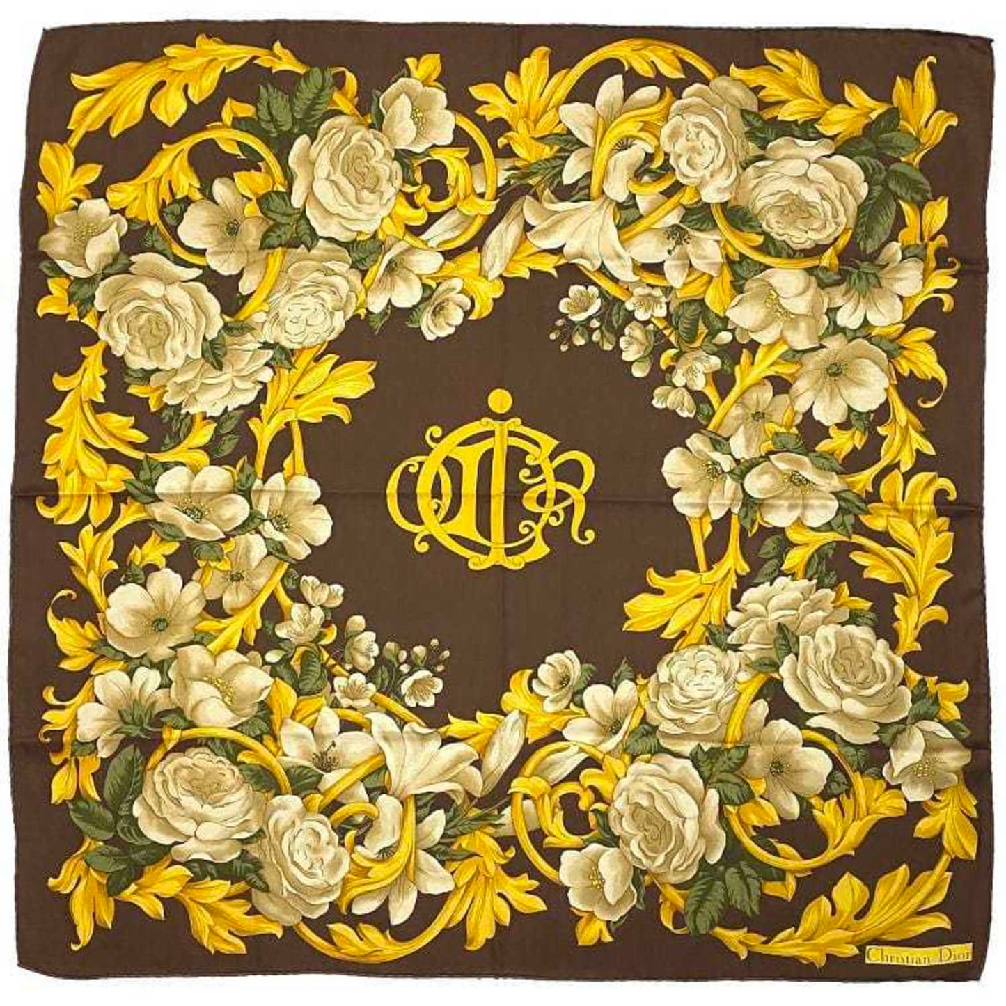 CHRISTIAN DIOR Stole Brown Gold Flower Silk 100% Scarf Muffler