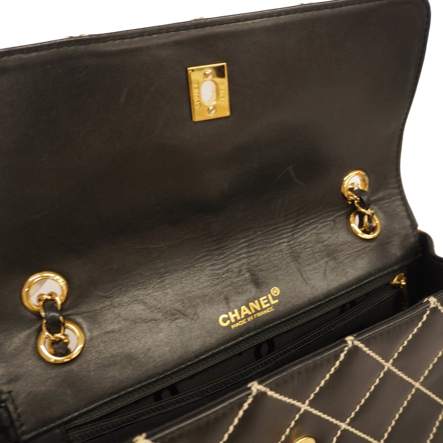 Chanel shoulder bag wild stitch W chain leather black gold metal