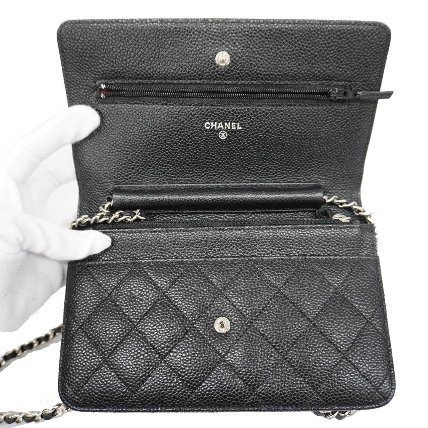 ChanelAuth  Matelasse Silver Hardware Caviar Leather Chain/Shoulder Wallet Black