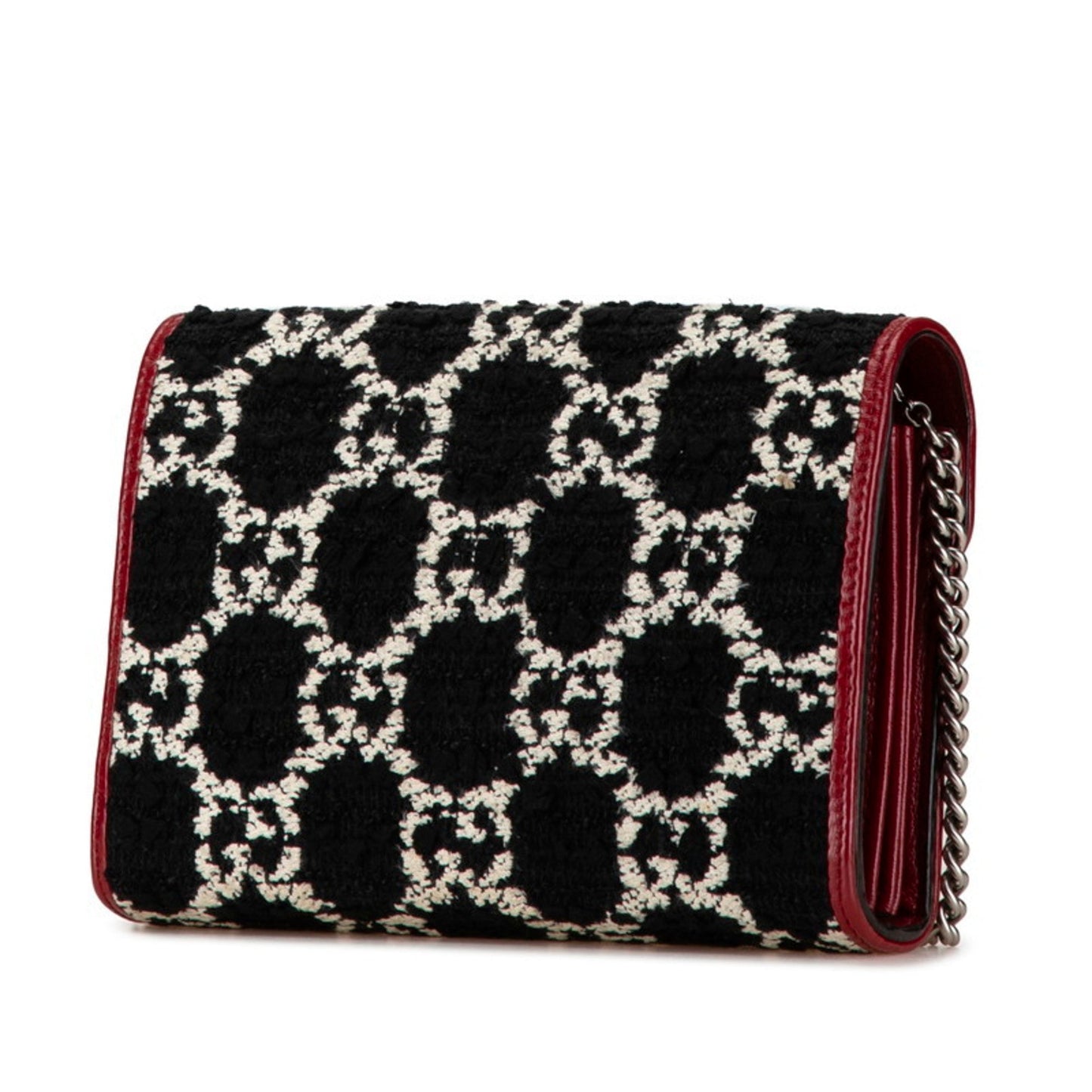 Gucci Black Red Color Tweed Leather Chain/Shoulder Wallet